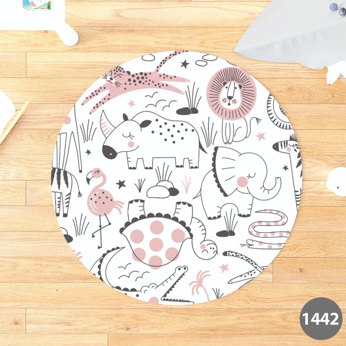 Orman Hayvanları Yuvarlak Halı | Beyaz yıldız, bitki Desenli