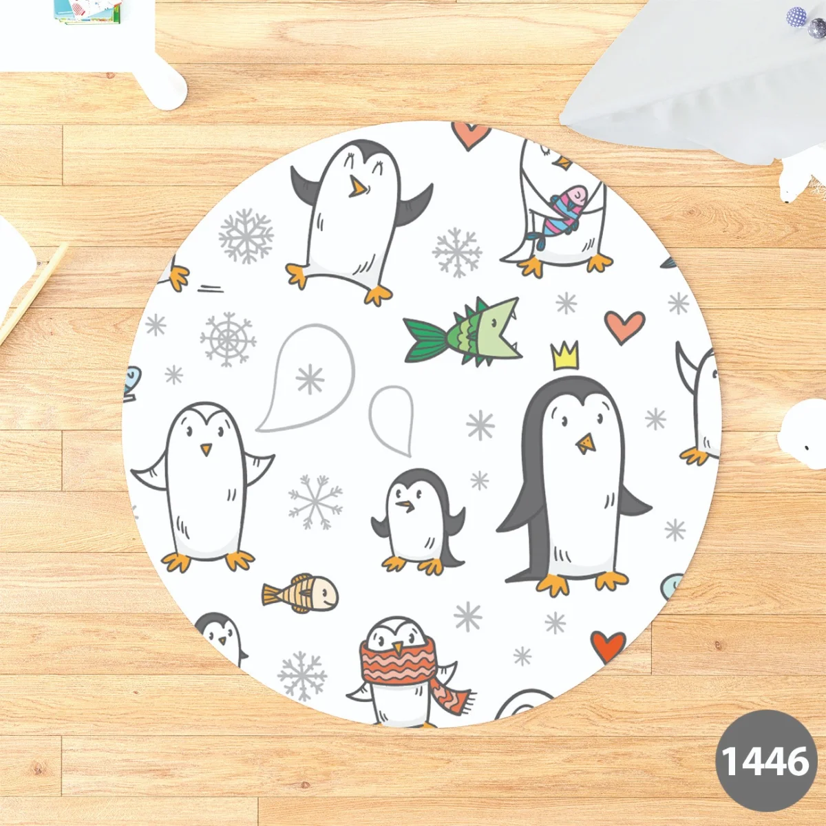 Penguen Yuvarlak Halı | Beyaz Kar taneleri, kalpler Desenli