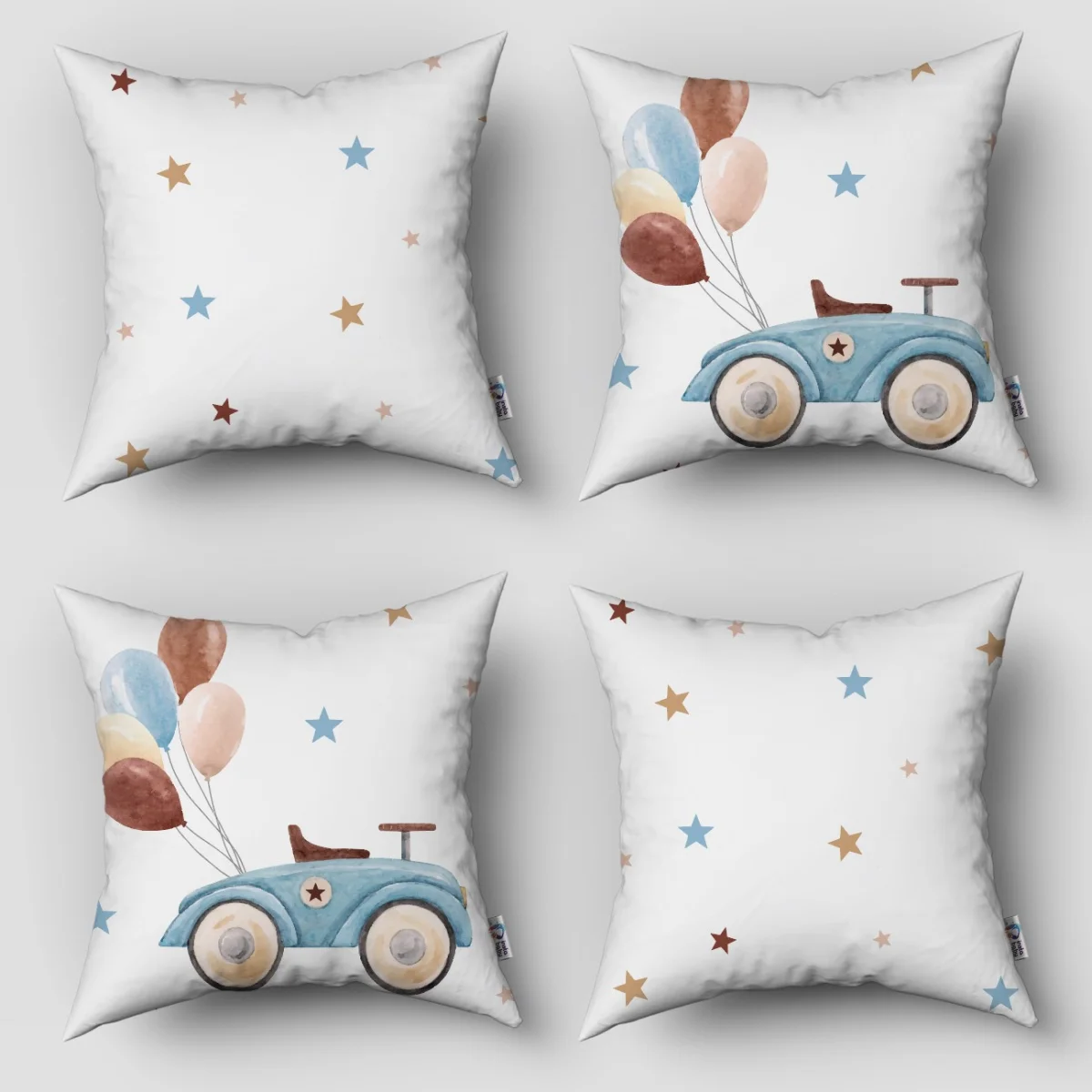 Oyuncak Araba 4lü Kırlent | Beyaz yıldızlar, balonlar Desenli