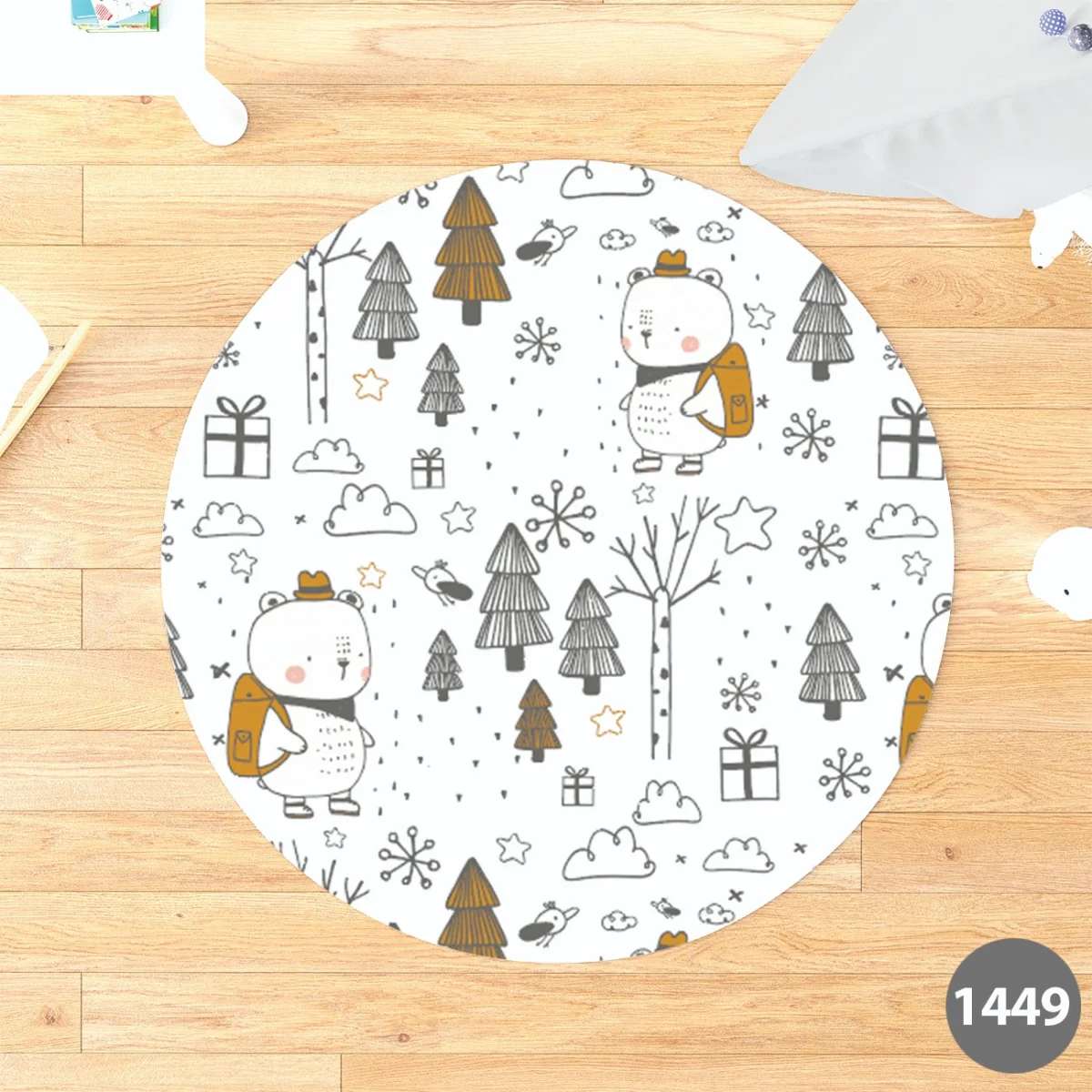 Orman Hayvanları Yuvarlak Halı | Beyaz ağaçlar, kuşlar Desenli