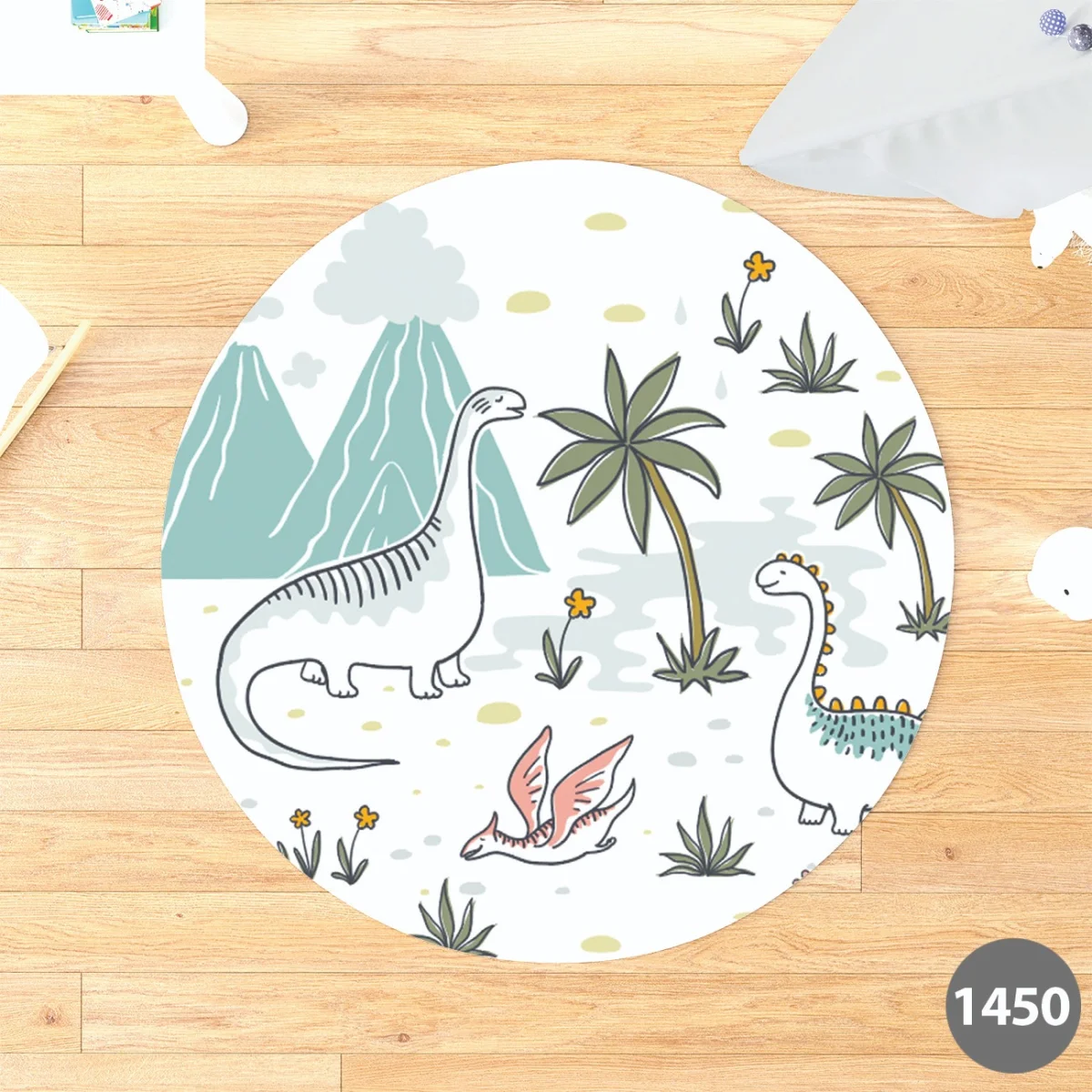 Dinozorlar Yuvarlak Halı | Beyaz dağlar, bulutlar Desenli
