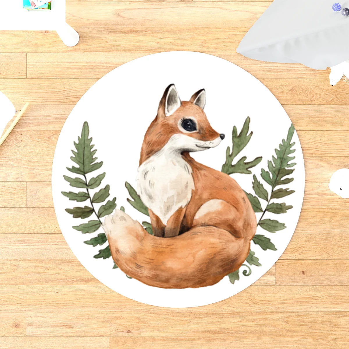 Tilki, Orman Hayvanları Yuvarlak Halı | Beyaz Eğrelti otu, düşen yapraklar Desenli