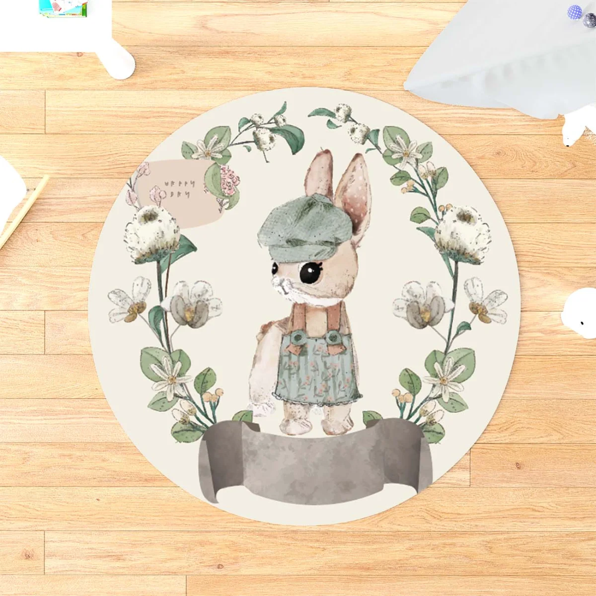 Tavşan Yuvarlak Halı | Krem yapraklar, çiçekler Desenli