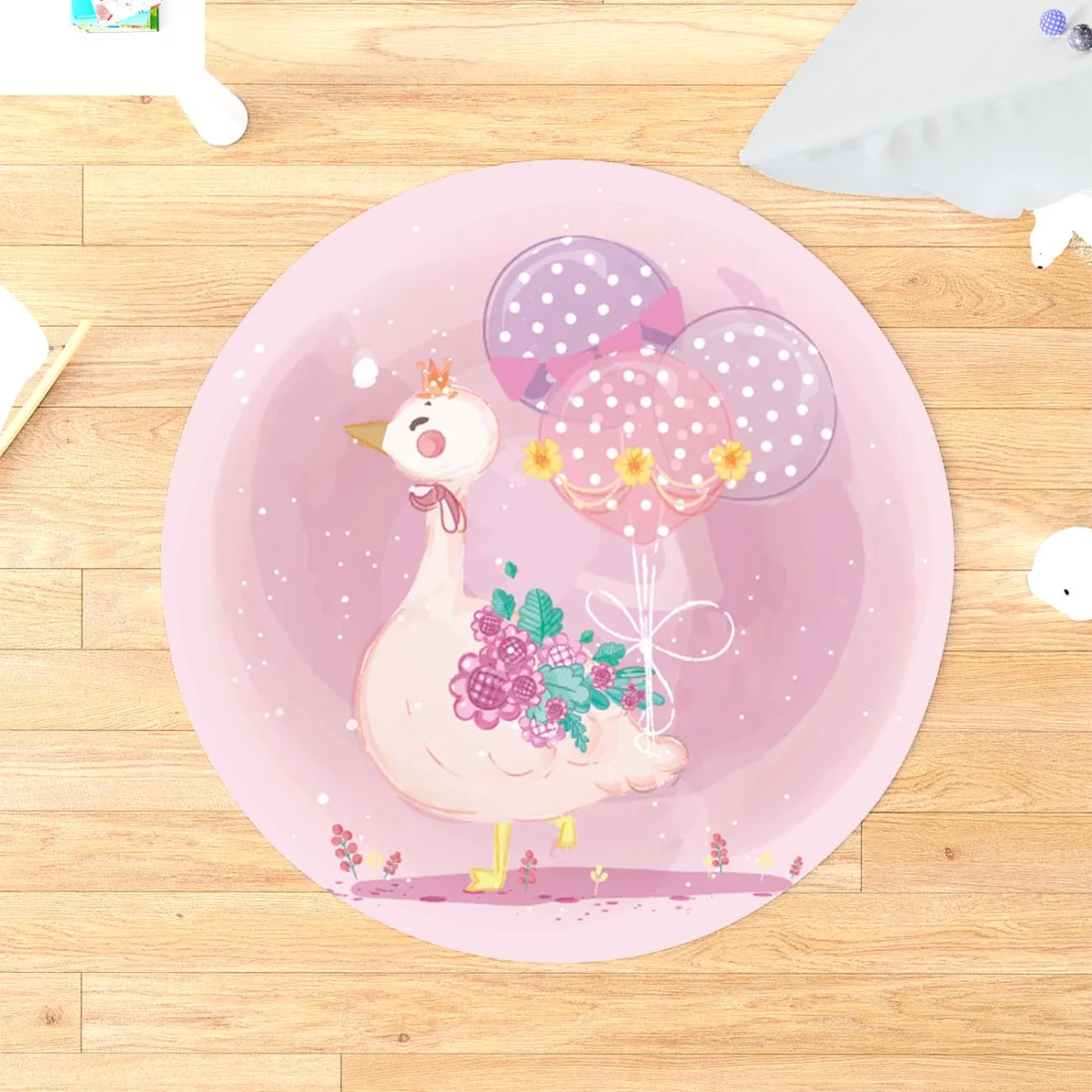 Prenses Kaz Yuvarlak Halı | Pembe balonlar, çiçekler Desenli