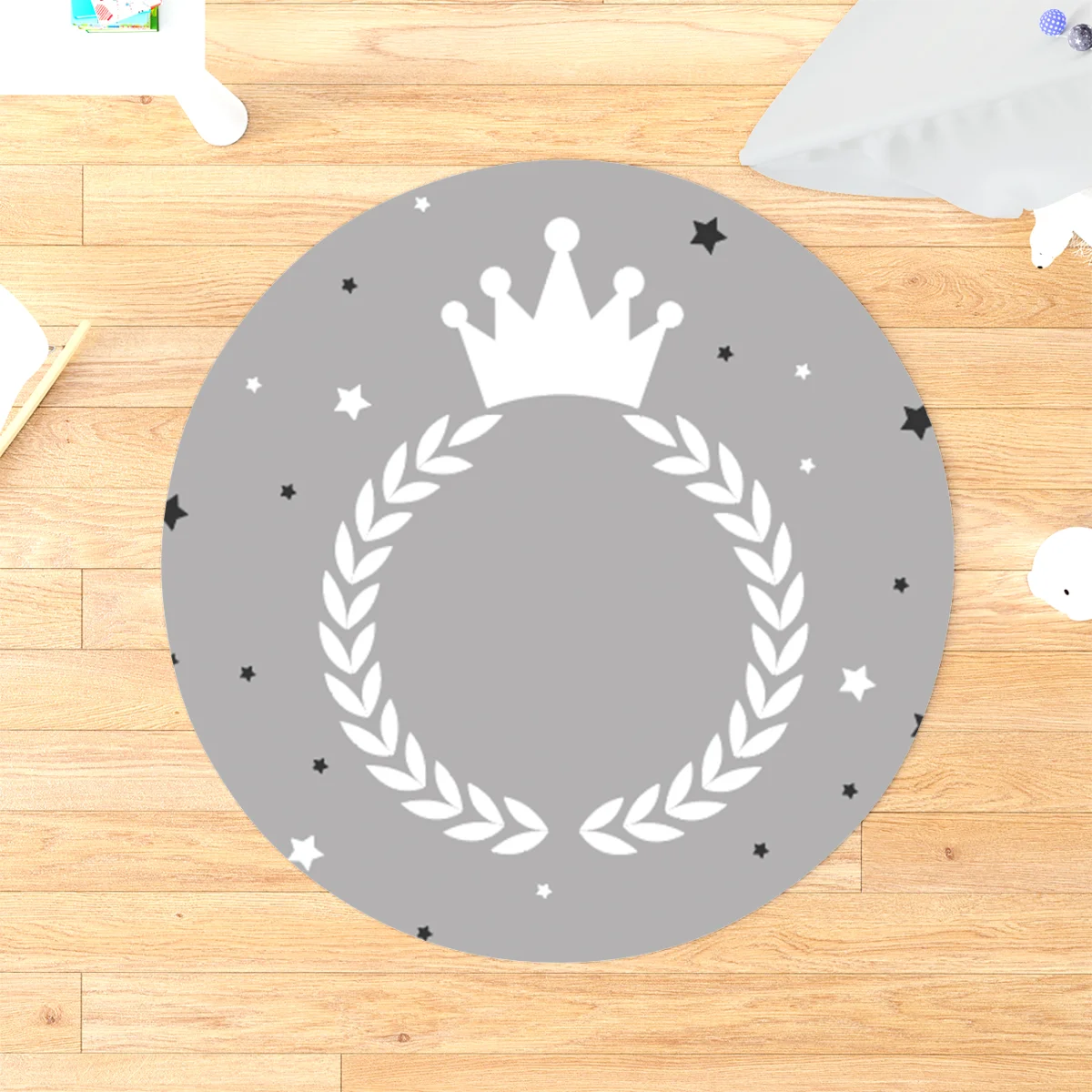 Kraliyet / Taç Yuvarlak Halı | Gri Yıldızlar, defne yaprağı çelengi Desenli