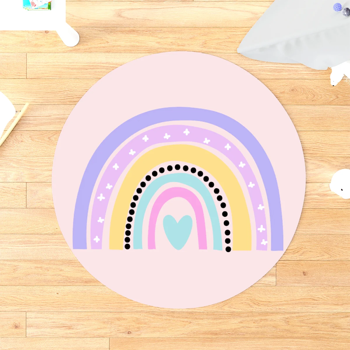 Gökkuşağı Yuvarlak Halı | Pembe gökkuşağı, kalpler Desenli