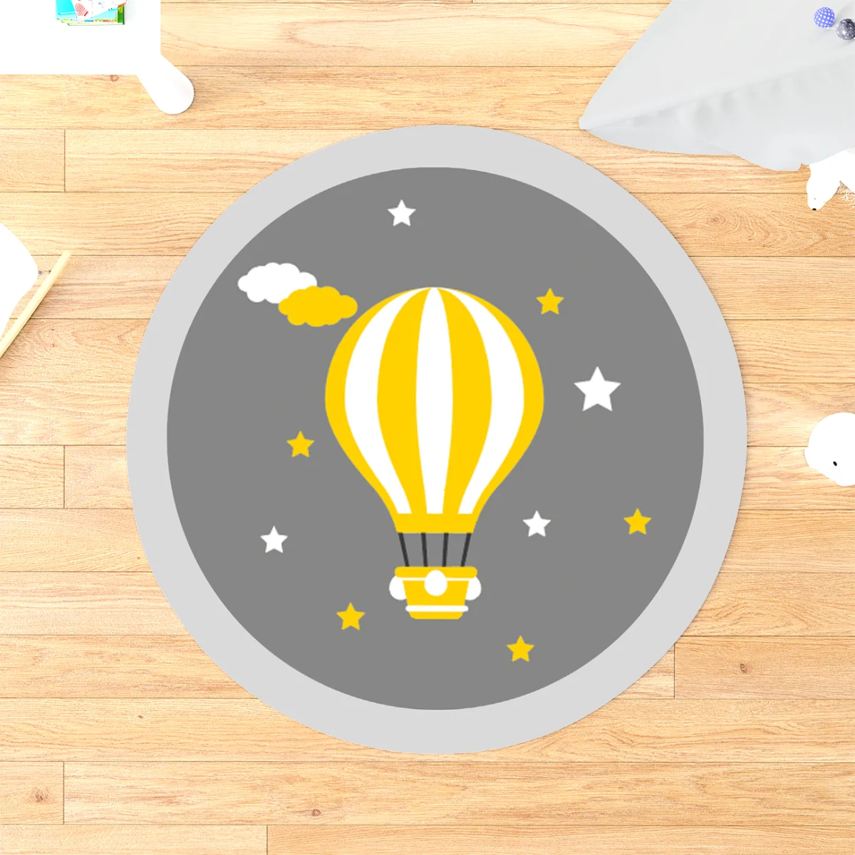 Sıcak hava balonu Yuvarlak Halı | Gri yıldız, bulut Desenli