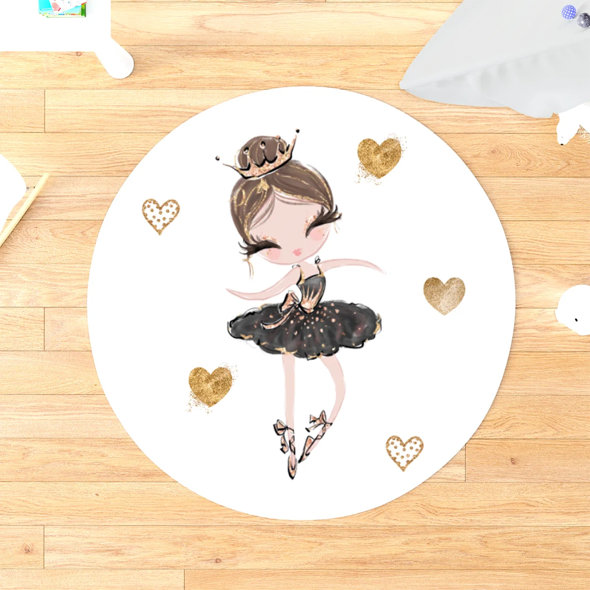 Balerin Yuvarlak Halı | Beyaz Altın kalpler Desenli