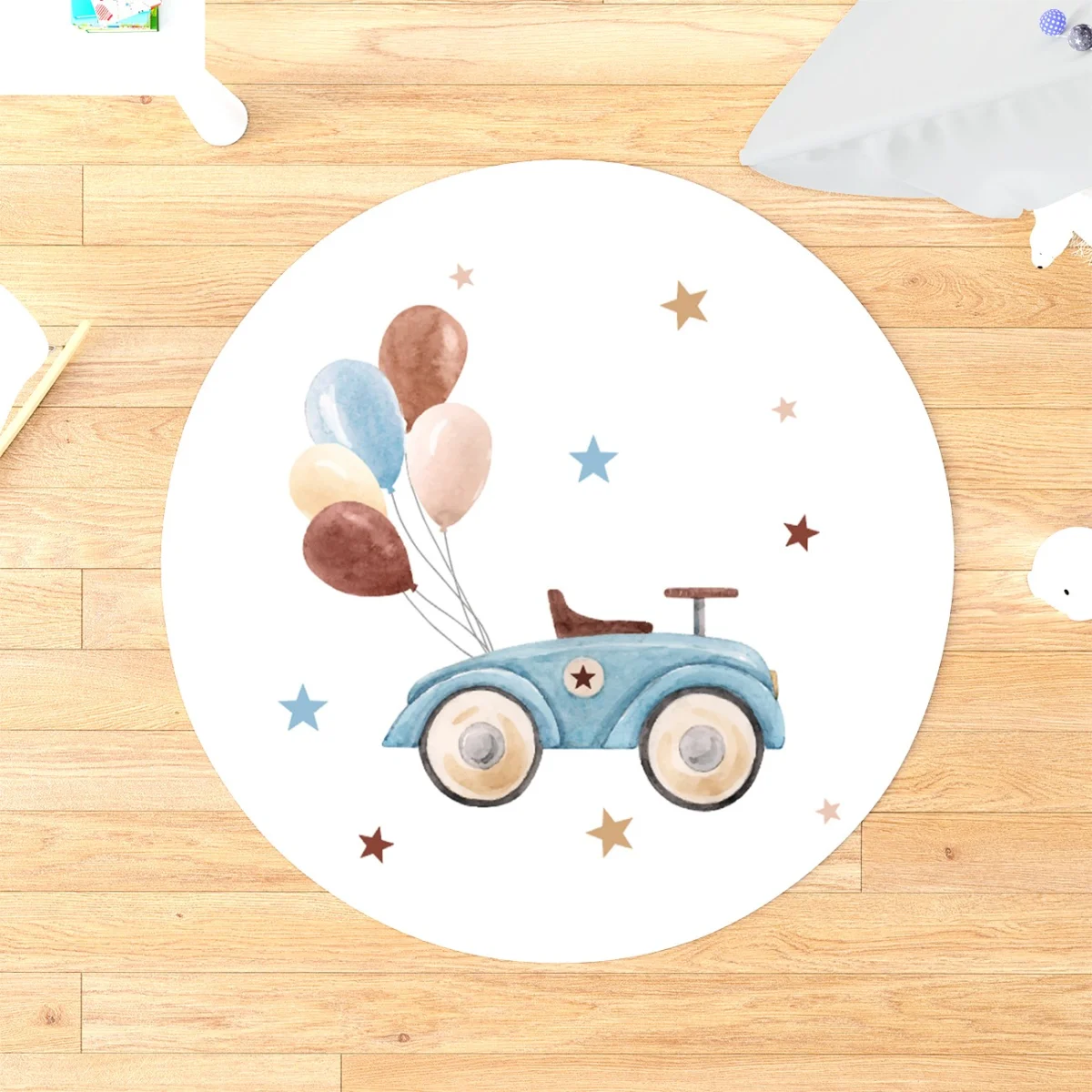 Oyuncak Araba Yuvarlak Halı | Beyaz yıldızlar, balonlar Desenli