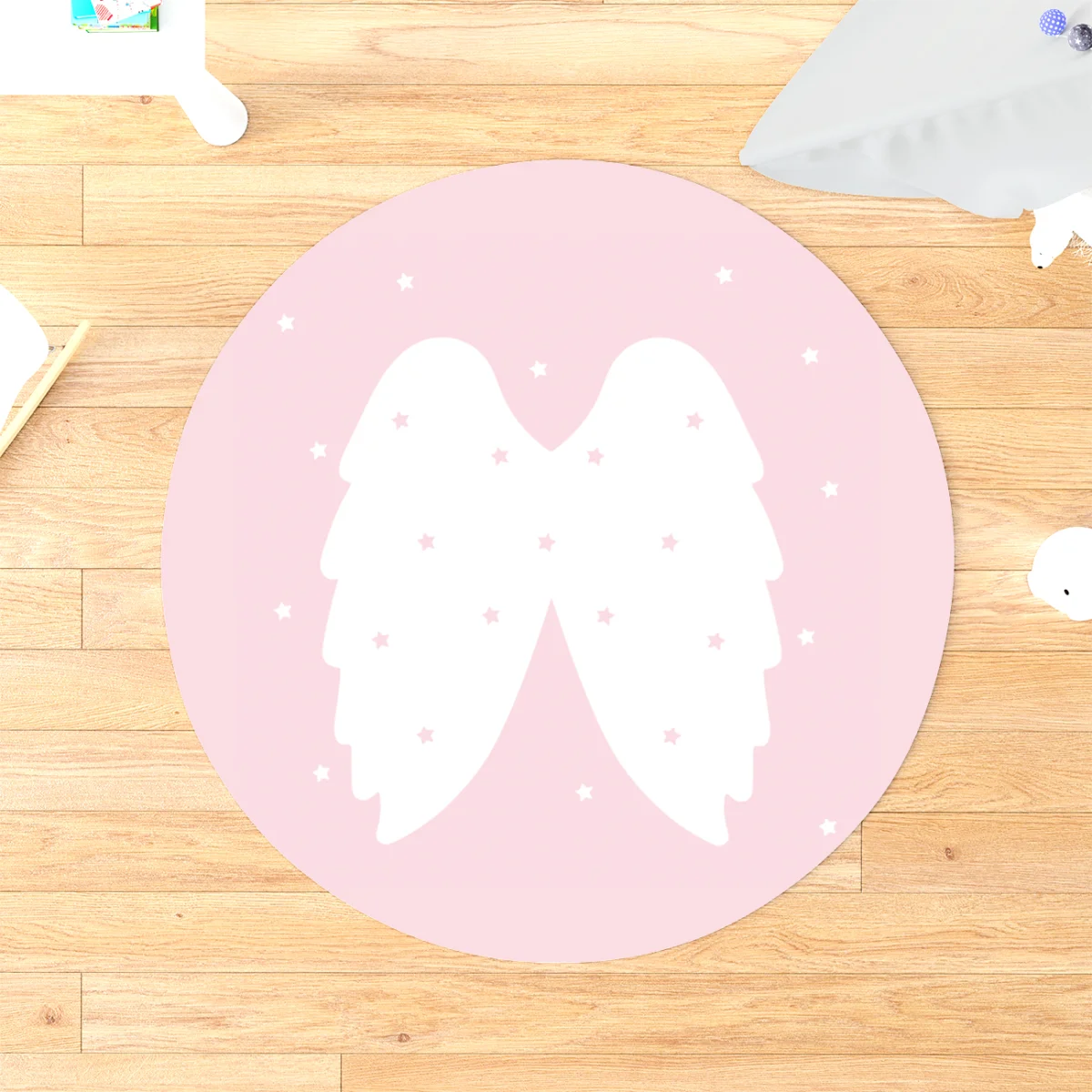 Melek Kanatları Yuvarlak Halı | Pembe yıldızlar Desenli