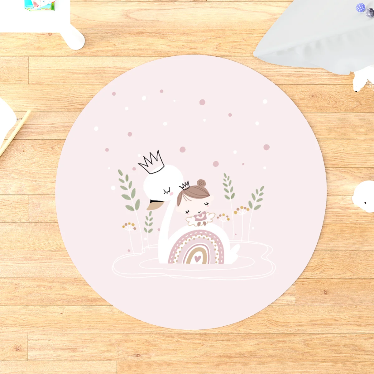 Kuğu Yuvarlak Halı | Pembe kız çocuk, gökkuşağı Desenli