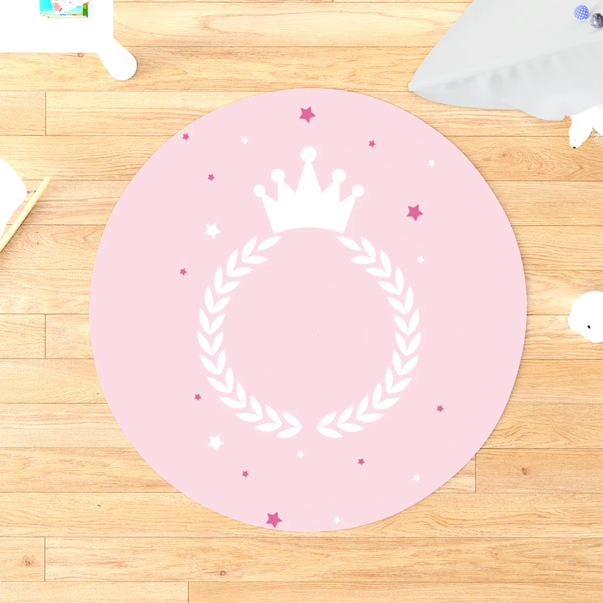 Prenses Yuvarlak Halı | Pembe taç, defne çelengi ve yıldızlar Desenli