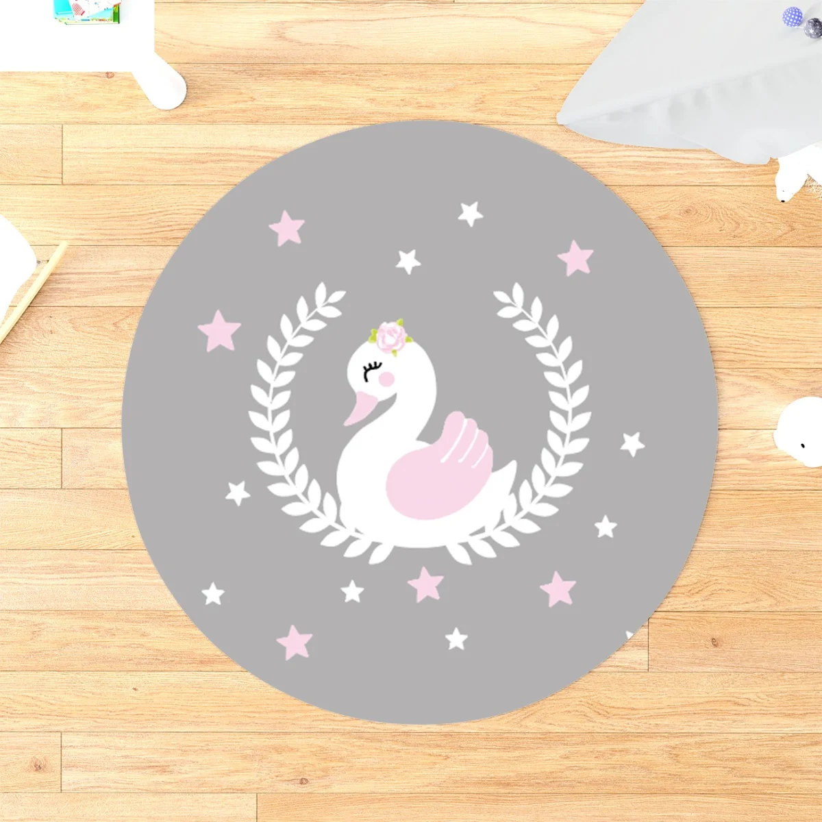 Kuğu Yuvarlak Halı | Gri yıldız, yaprak çelenk Desenli