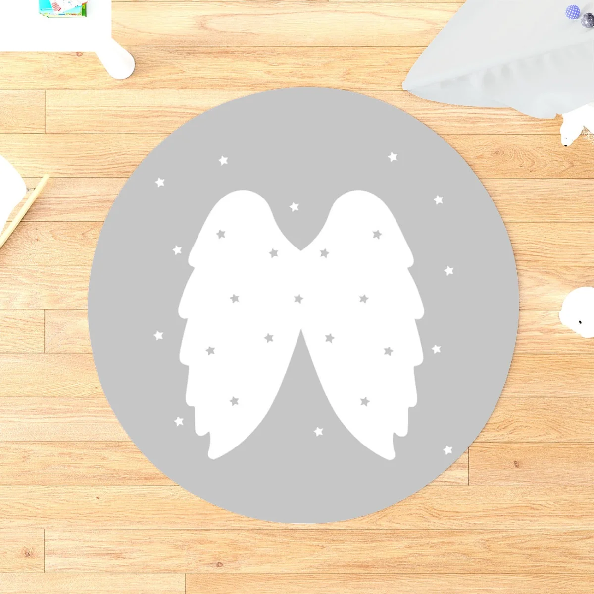 Melek Kanatları Yuvarlak Halı | Gri yıldız Desenli