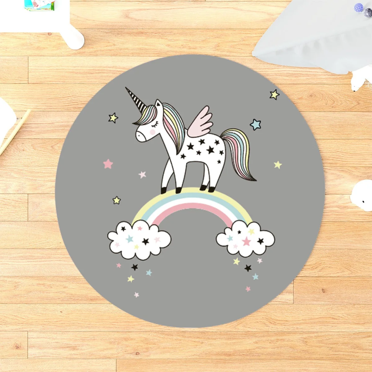 Unicorn Yuvarlak Halı | Gri yıldız, bulut Desenli