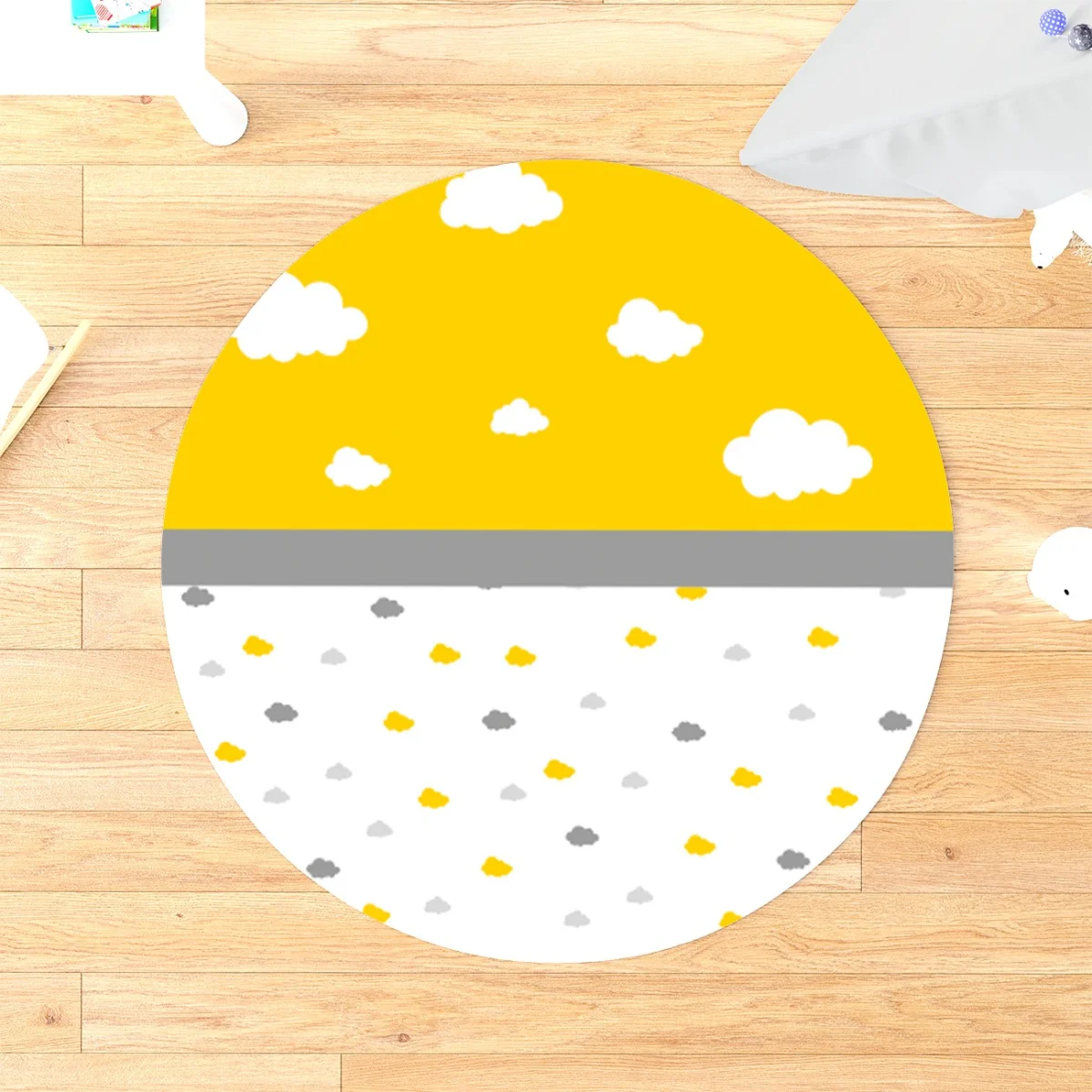 Bulutlar Yuvarlak Halı | Sarı beyaz ve gri bulutlar Desenli