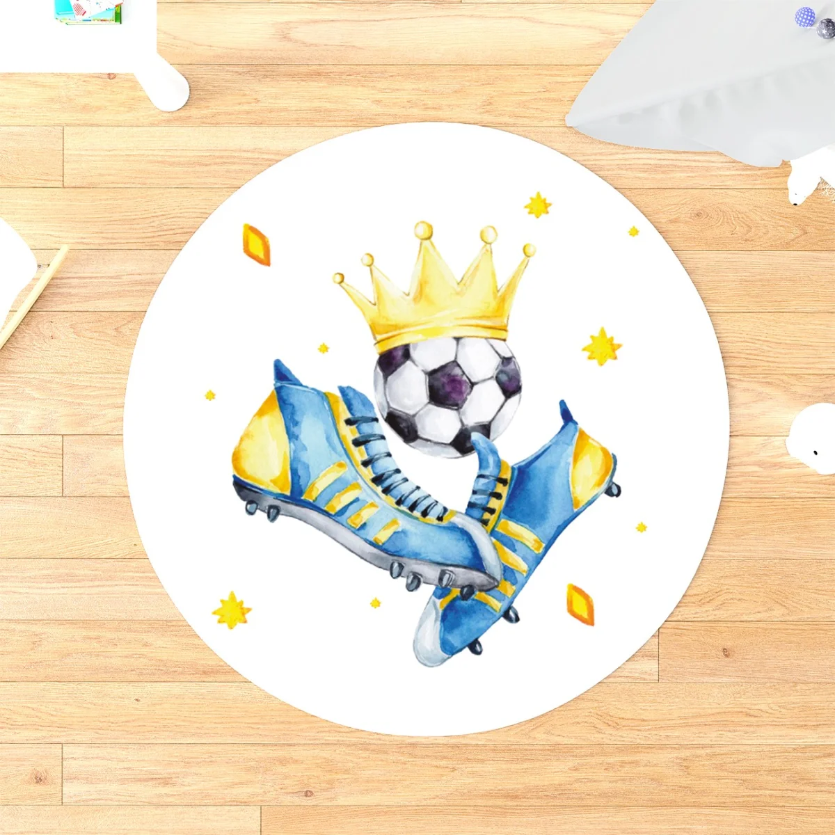 Futbol Kral Yuvarlak Halı | Beyaz yıldız, elmas şekiller Desenli