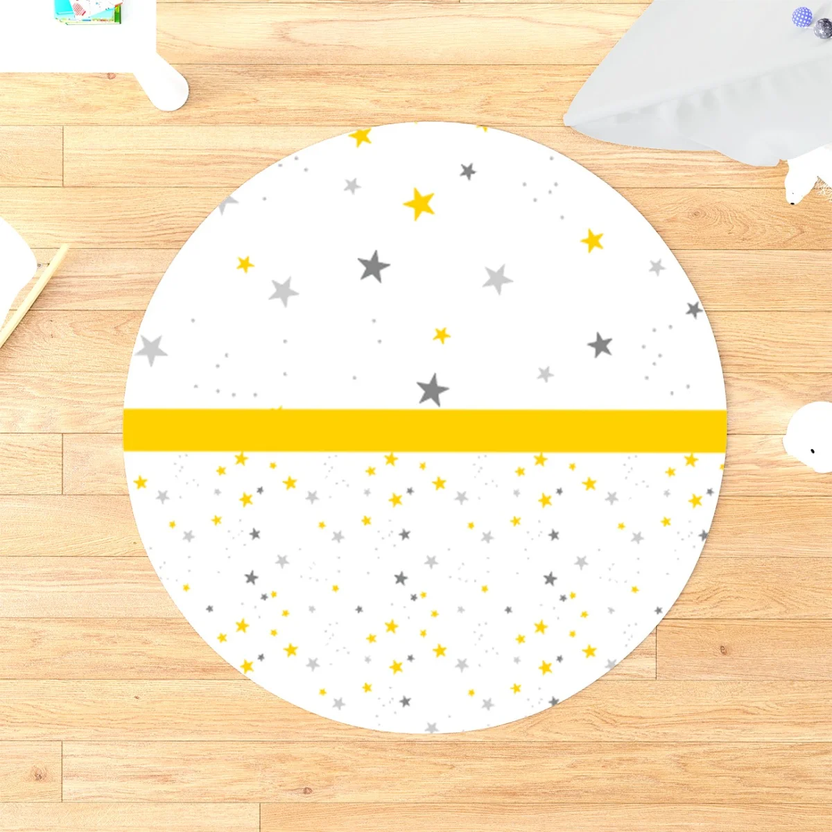 Yıldızlar Yuvarlak Halı | Beyaz sarı ve gri yıldızlar, puantiye Desenli