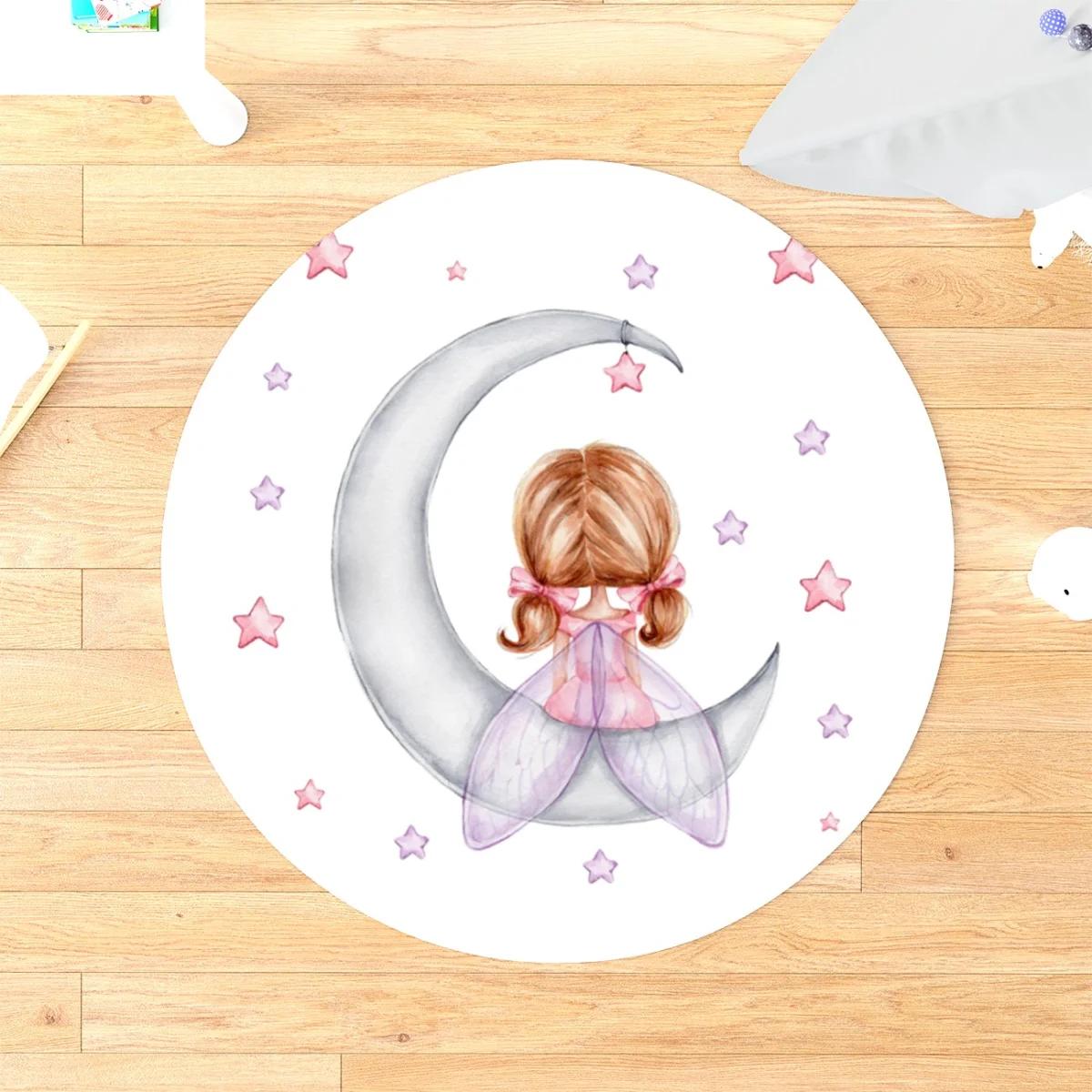 Ay ve peri Yuvarlak Halı | Beyaz Yıldızlar Desenli