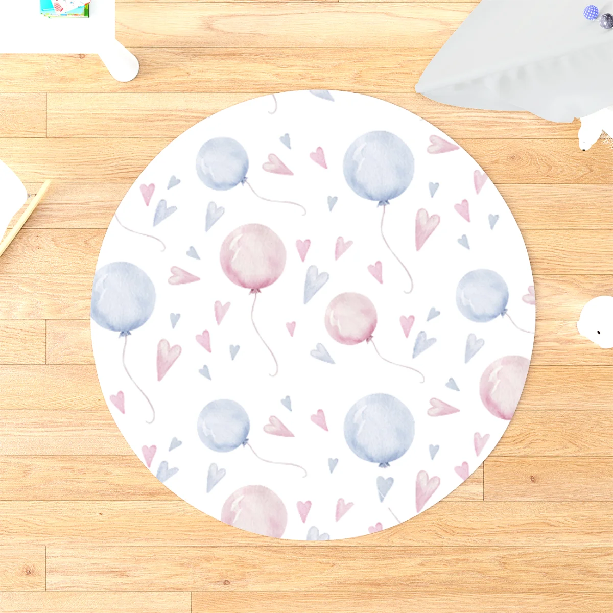 Balonlar ve Kalpler Yuvarlak Halı | Beyaz Pembe ve mavi balonlar, pembe ve mavi kalpler Desenli