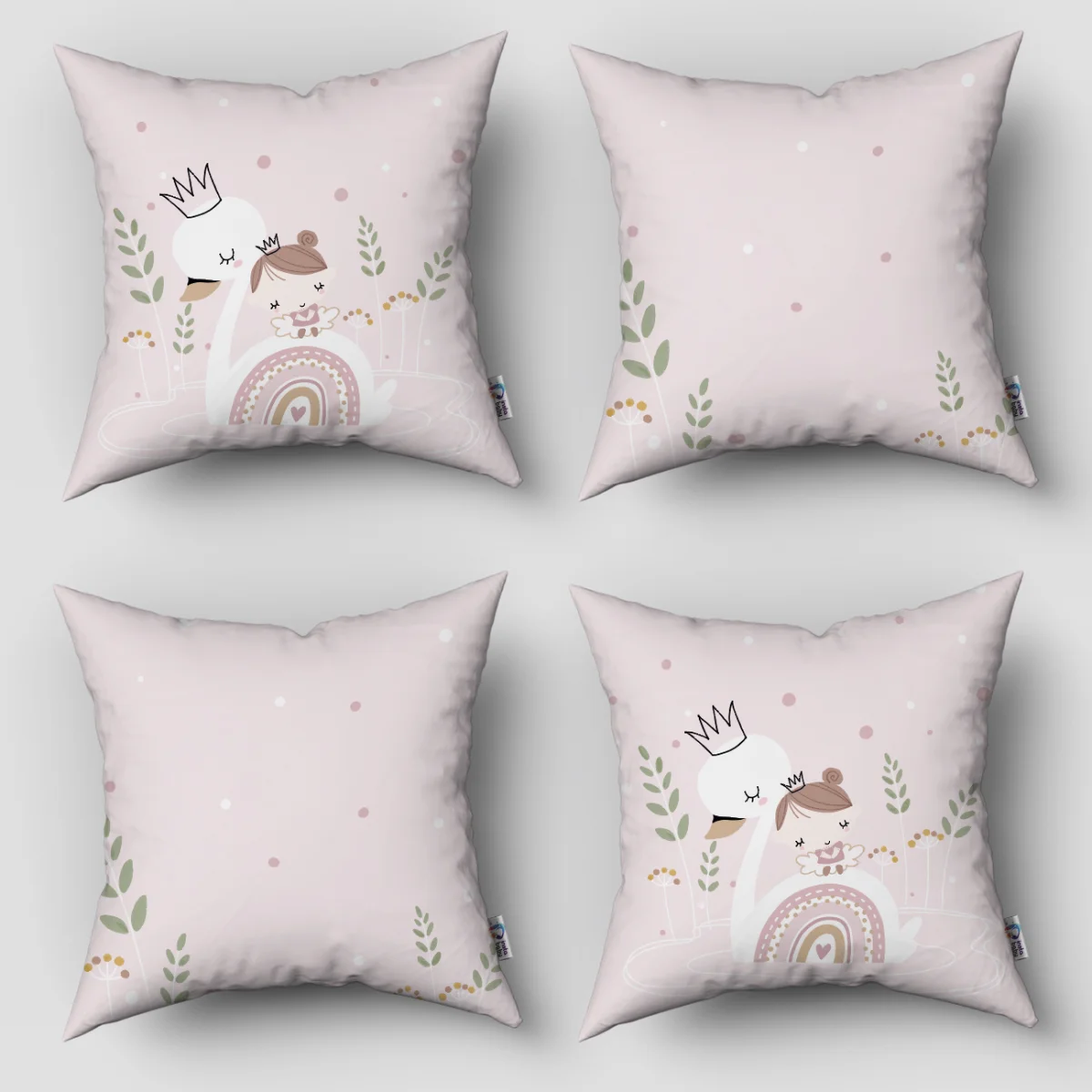 Kuğu 4lü Kırlent | Pembe kız çocuk, gökkuşağı Desenli