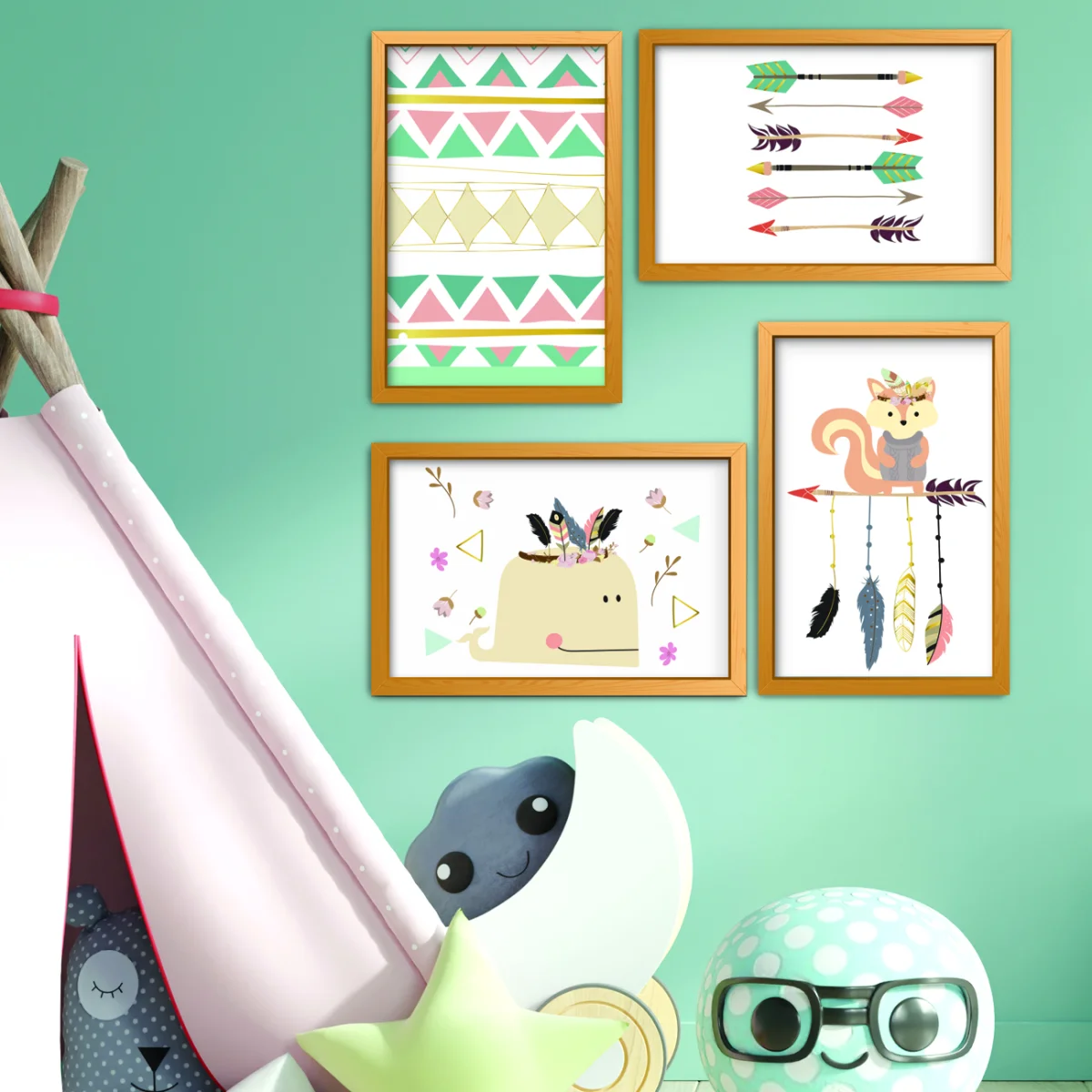 Kızılderili Temalı Çerçeve Seti | Turkuaz Oklar, tüyler Desenli