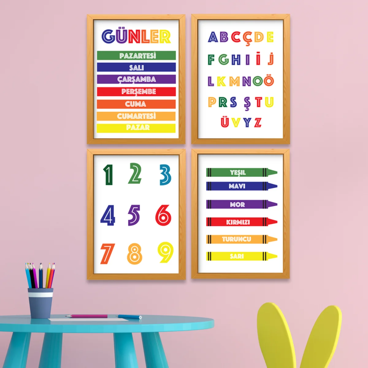Eğitici Çerçeve Seti | Pembe gökkuşağı renkleri, harfler Desenli