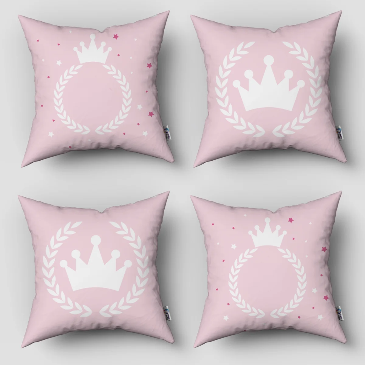 Prenses 4lü Kırlent | Pembe taç, defne çelengi ve yıldızlar Desenli