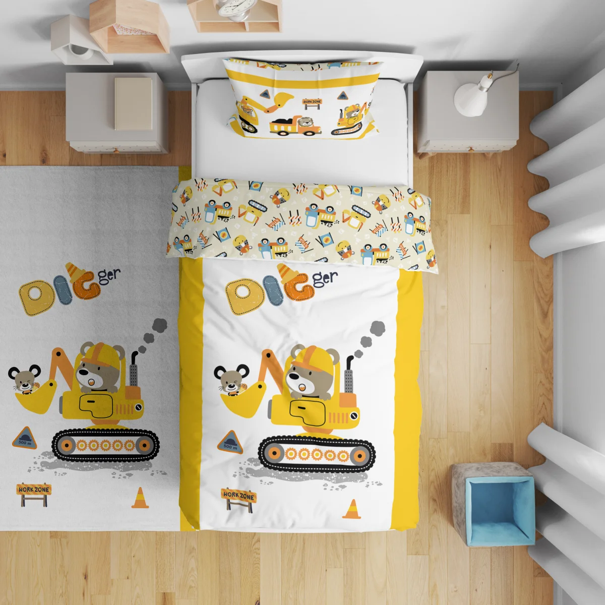 İş Makineleri ve Şantiye Hayvanları Çift Taraflı Nevresim | Beyaz iş makineleri, sevimli hayvanla...