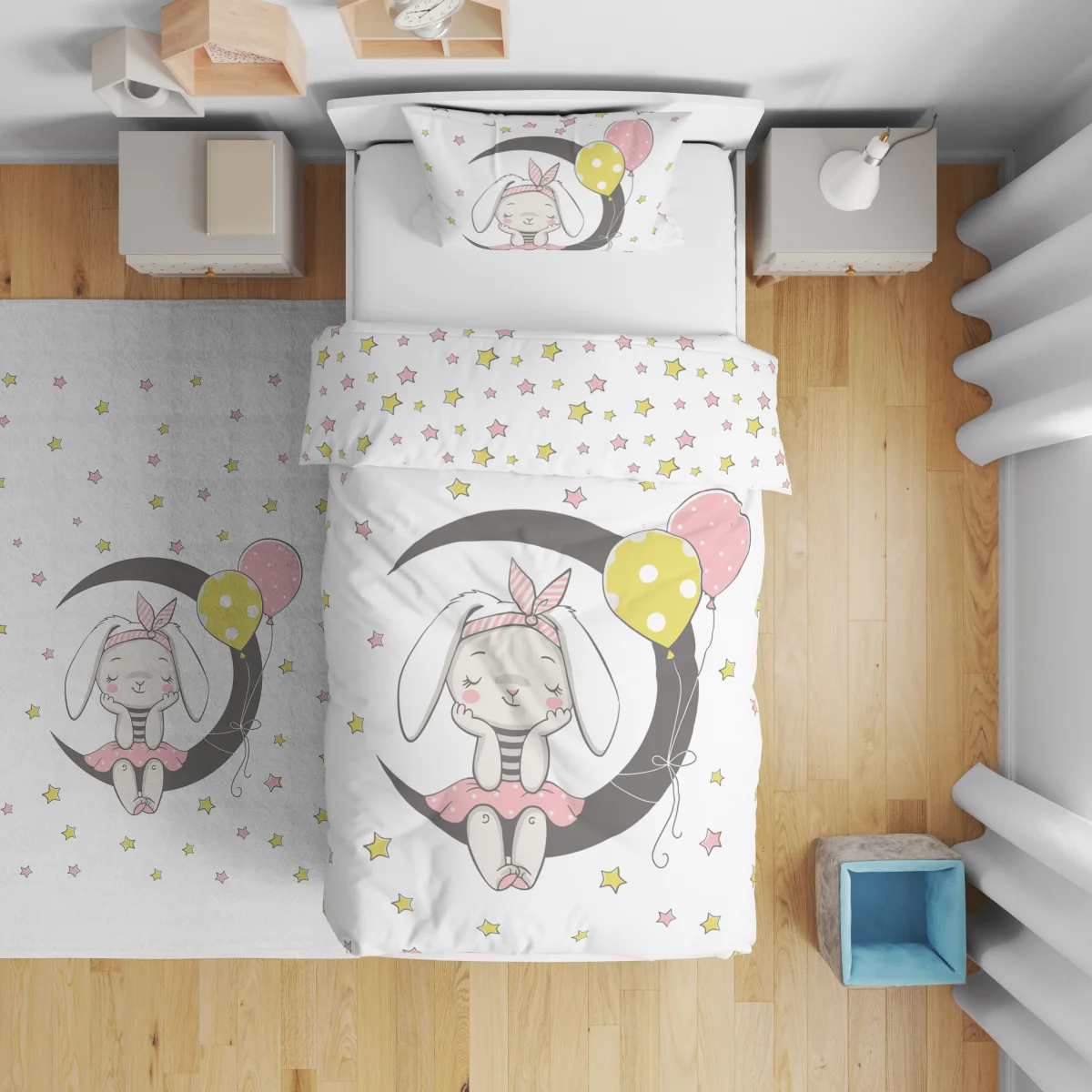 Tavşan Çift Taraflı Nevresim | Beyaz ay, yıldızlar Desenli