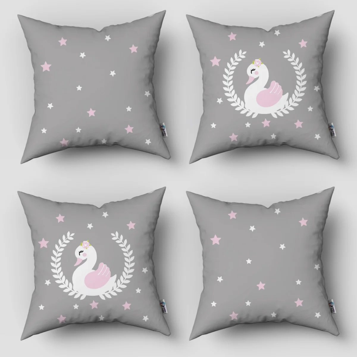 Kuğu 4lü Kırlent | Gri yıldız, yaprak çelenk Desenli