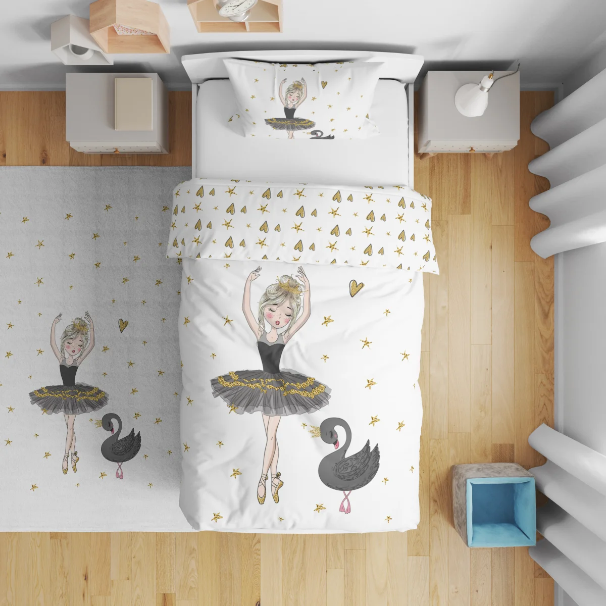 Balerin ve Kuğu Çift Taraflı Nevresim | Beyaz Altın yıldızlar, kalpler Desenli