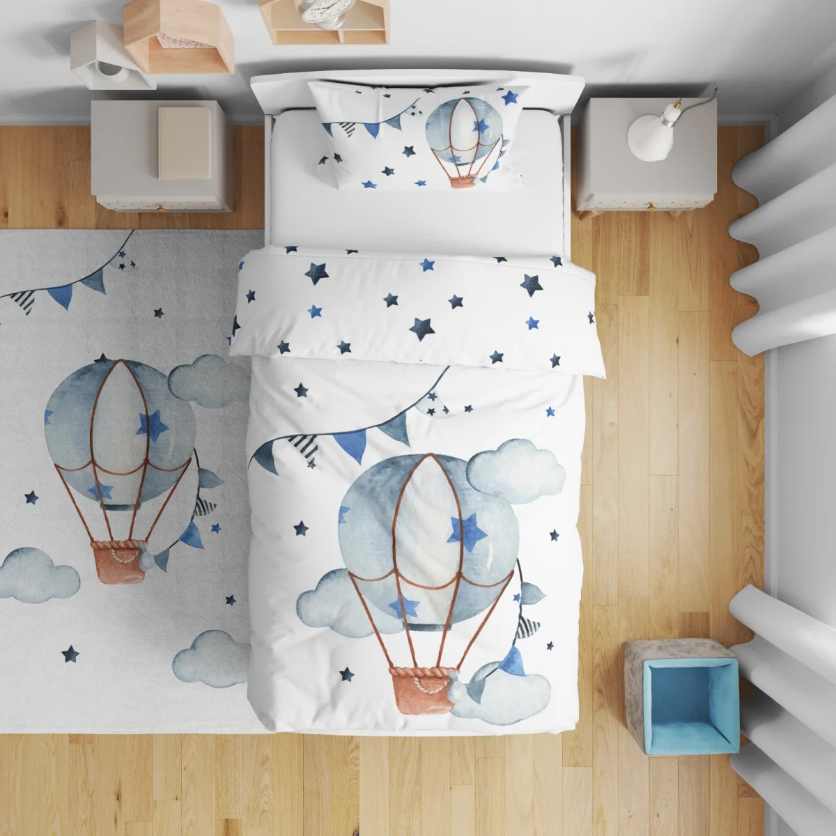 Sıcak hava balonu Çift Taraflı Nevresim | Beyaz yıldız, bulut Desenli