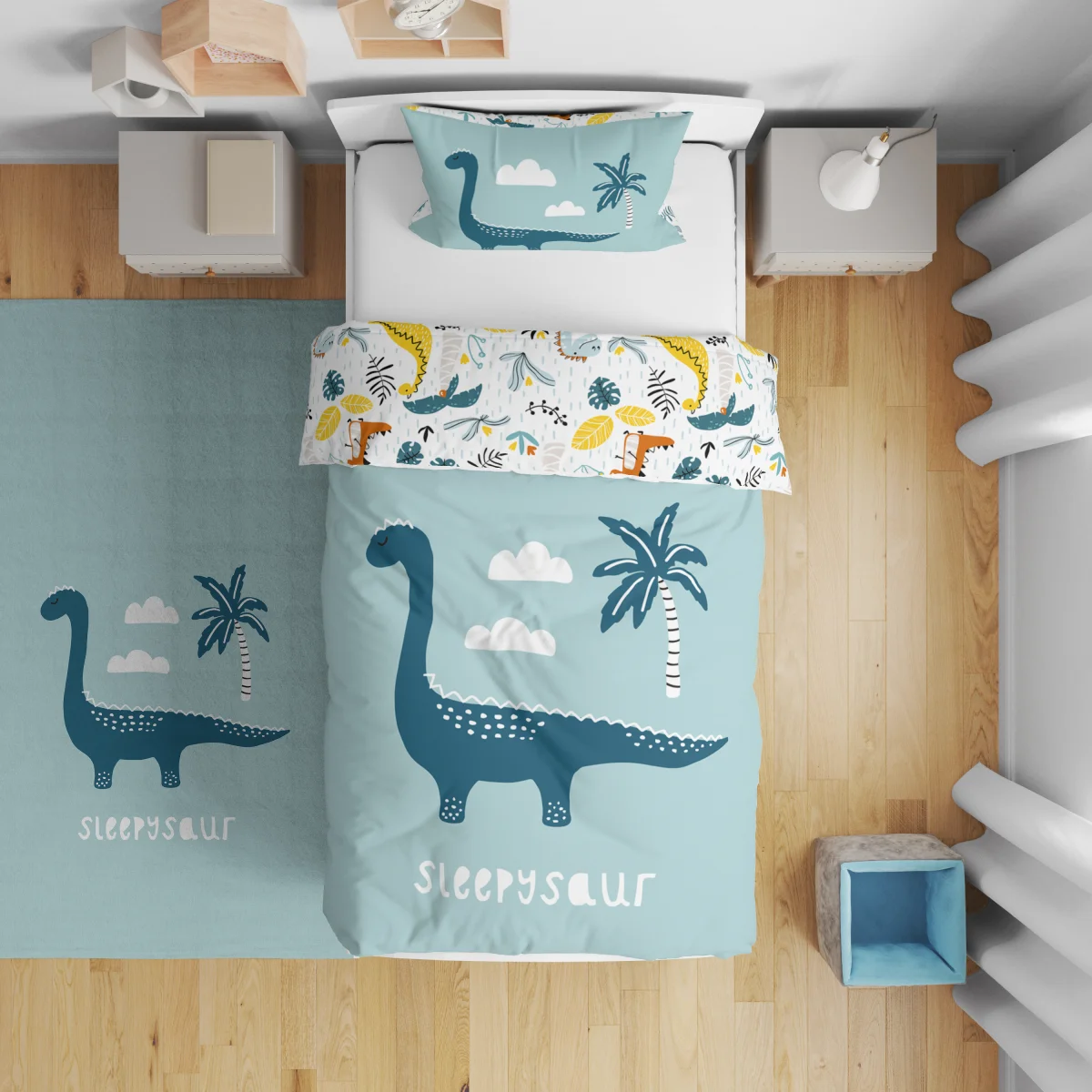 Dinozorlar Çift Taraflı Nevresim | Açık Mavi Bulutlar, palmiye ağaçları ve yapraklar Desenli