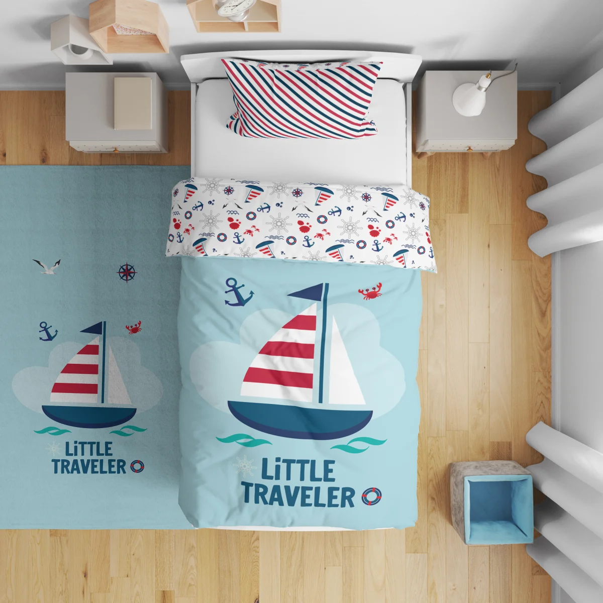 Denizcilik Çift Taraflı Nevresim | Açık Mavi yelkenli, martı Desenli