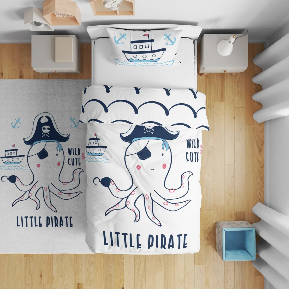 Korsan Çift Taraflı Nevresim | Beyaz Gemiler, ahtapot Desenli