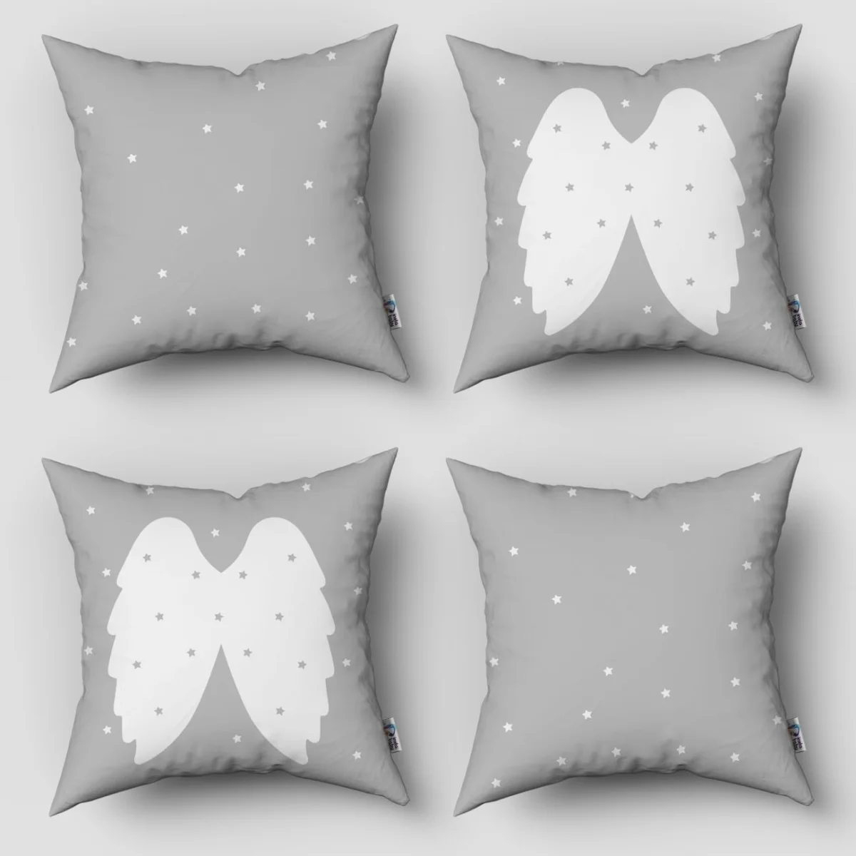 Melek Kanatları 4lü Kırlent | Gri yıldız Desenli