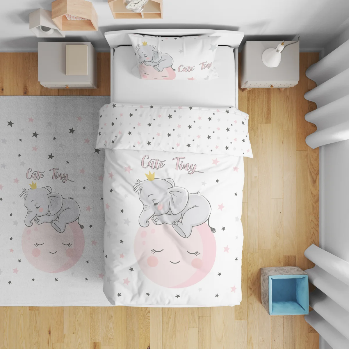 Uyuyan Fil, Ay Çift Taraflı Nevresim | Beyaz yıldızlar, ay Desenli