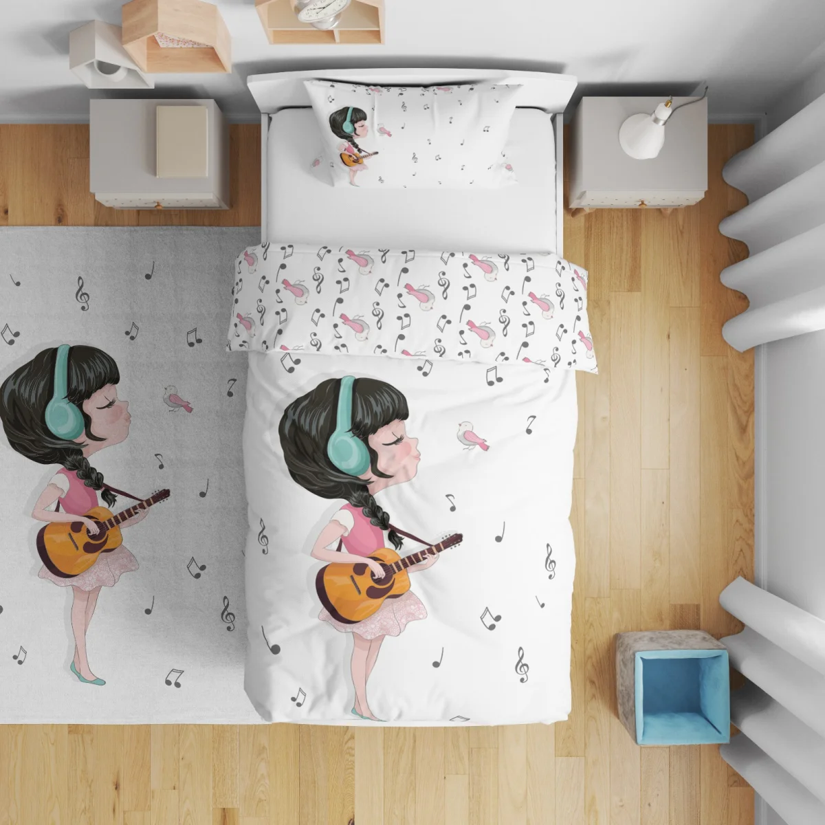 Müziksever Kız Çift Taraflı Nevresim | Beyaz müzik notaları, kuş Desenli