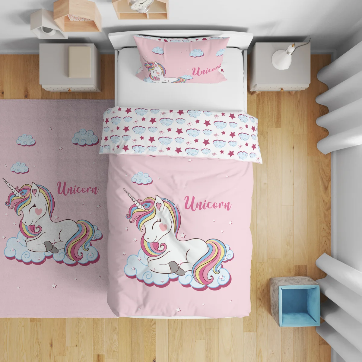 Unicorn Çift Taraflı Nevresim | Pembe bulut, yıldız Desenli