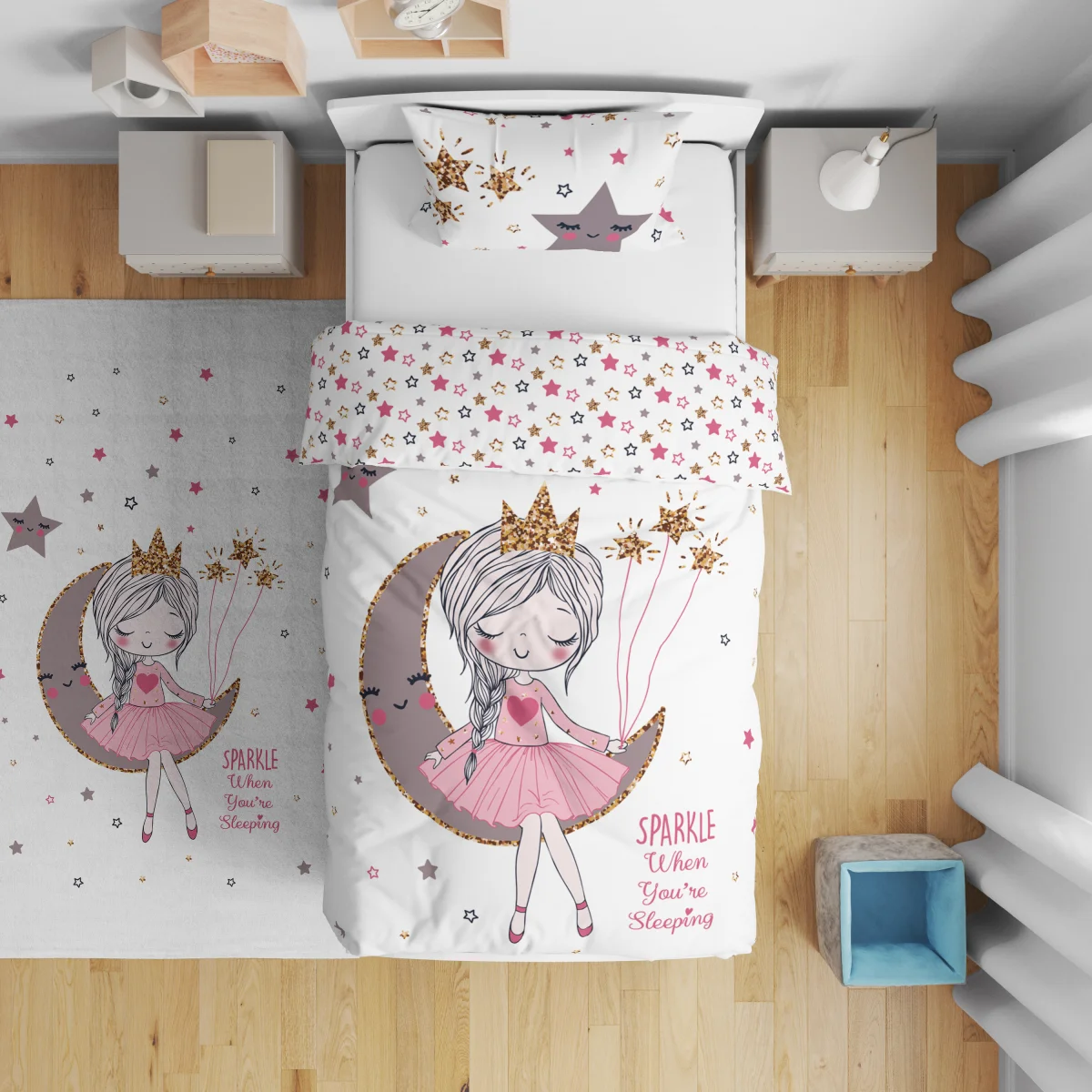 Rüya temalı kız Çift Taraflı Nevresim | Beyaz Ay, yıldızlar Desenli