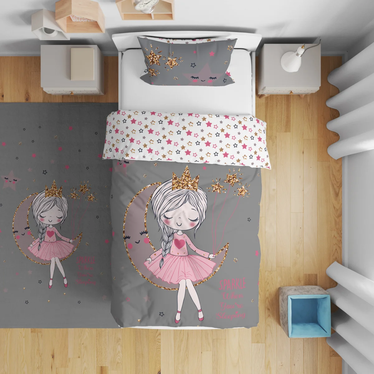 Rüya temalı kız Çift Taraflı Nevresim | Beyaz Ay, yıldızlar Desenli