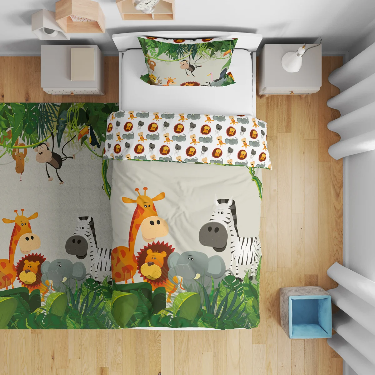 Orman Hayvanları Çift Taraflı Nevresim | Açık Gri yeşil yapraklar ve sarmaşıklar Desenli