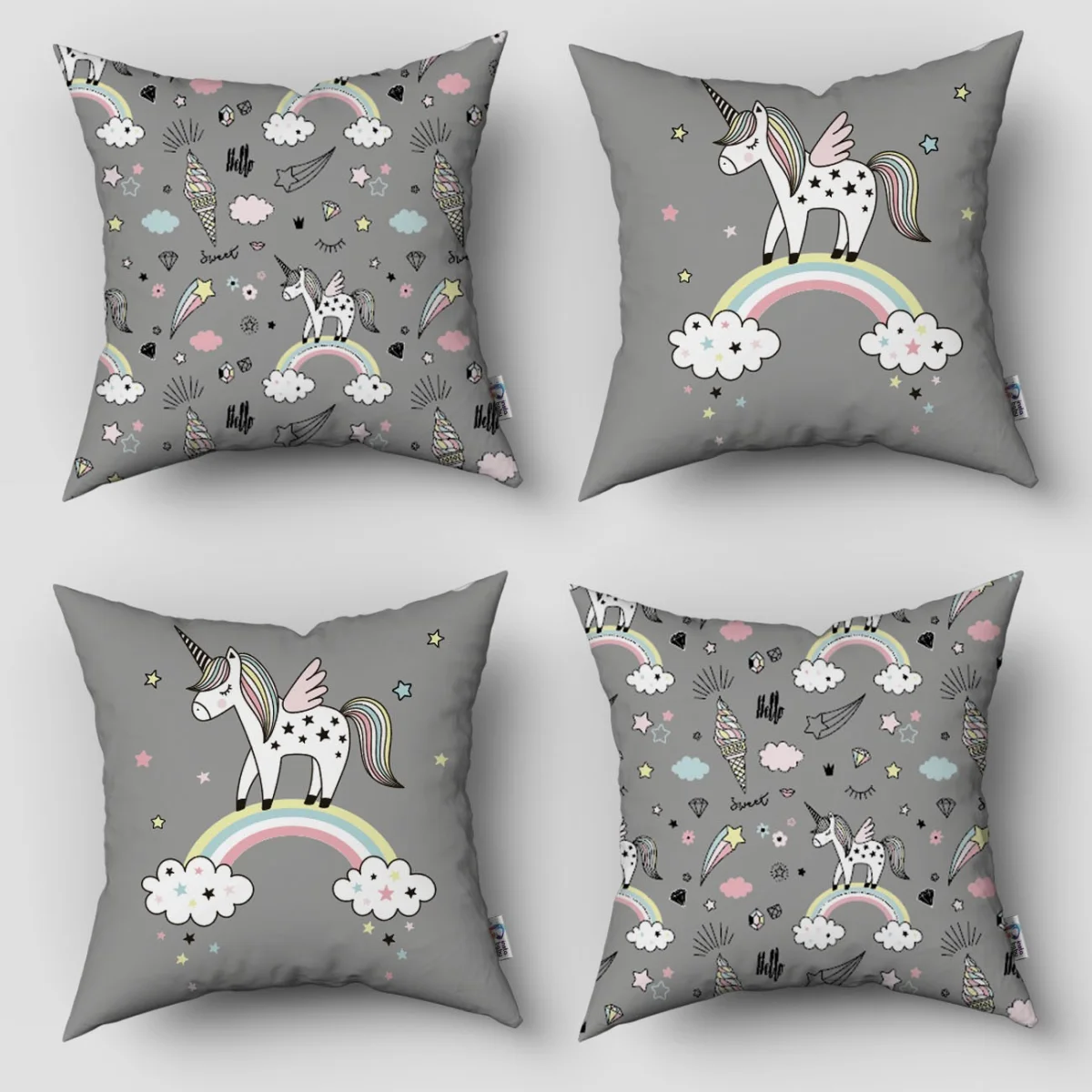 Unicorn 4lü Kırlent | Gri yıldız, bulut Desenli
