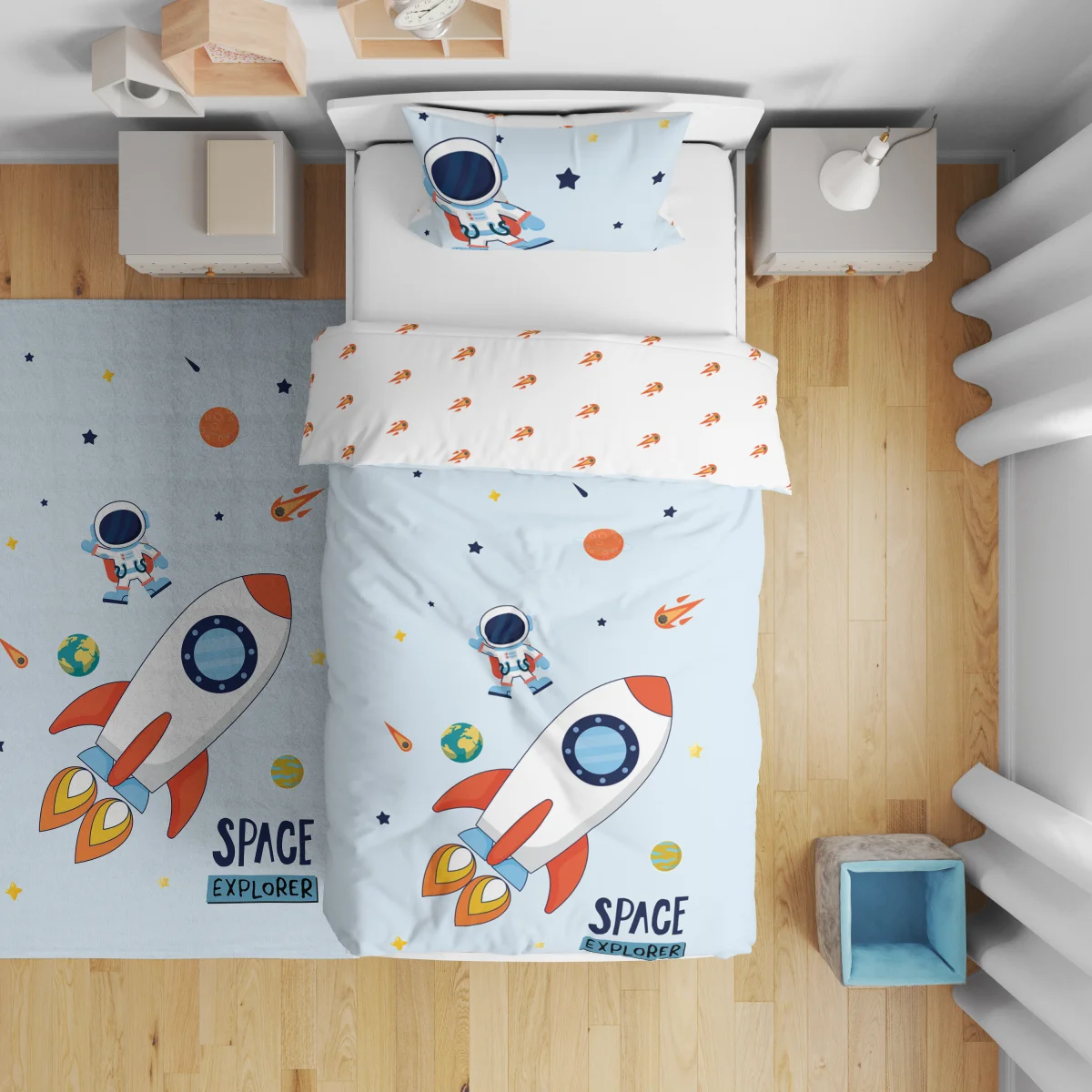 Uzay Çift Taraflı Nevresim | Açık Mavi Astronot, roket Desenli