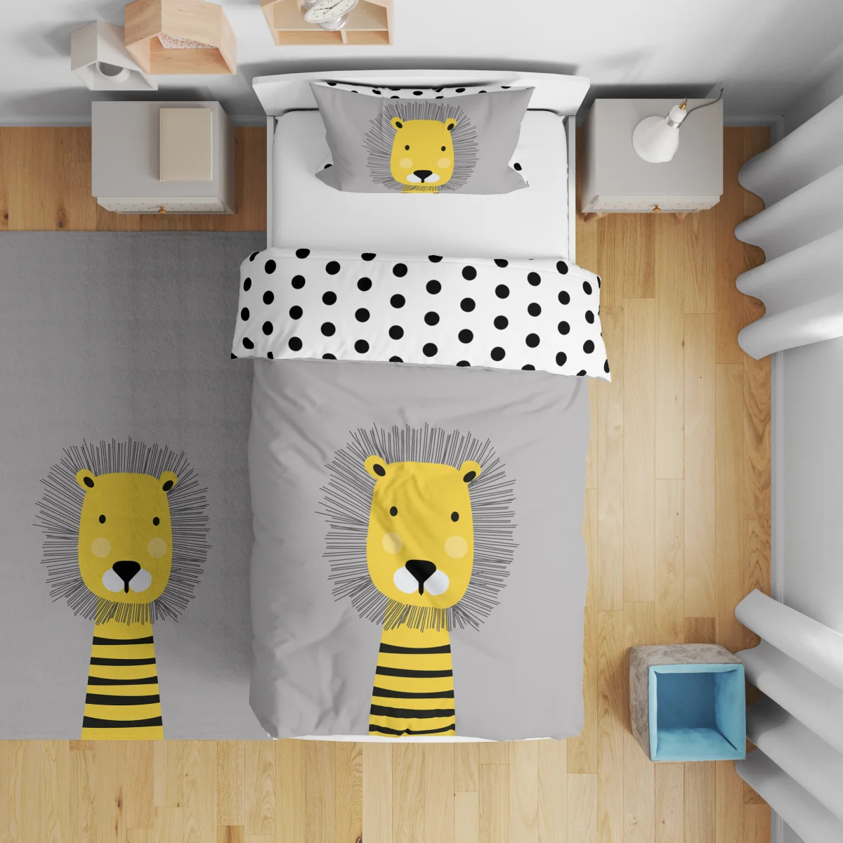 Aslan Çift Taraflı Nevresim | Gri siyah yele, çizgili vücut Desenli