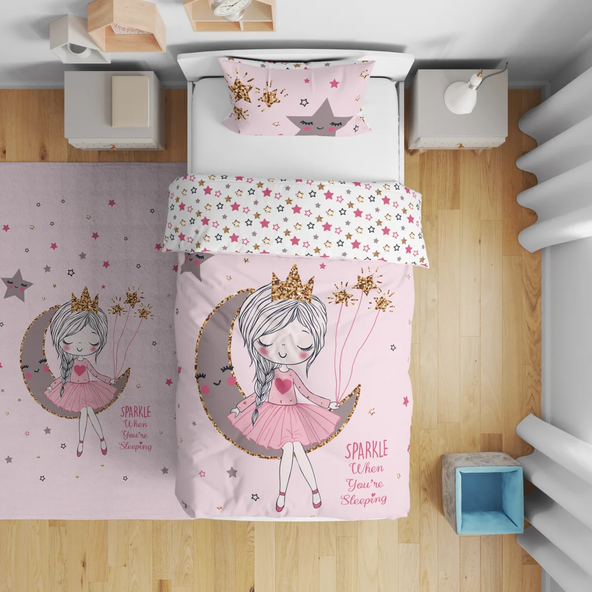 Peri kız ve ay Çift Taraflı Nevresim | Pembe yıldızlar, pırıltılar Desenli