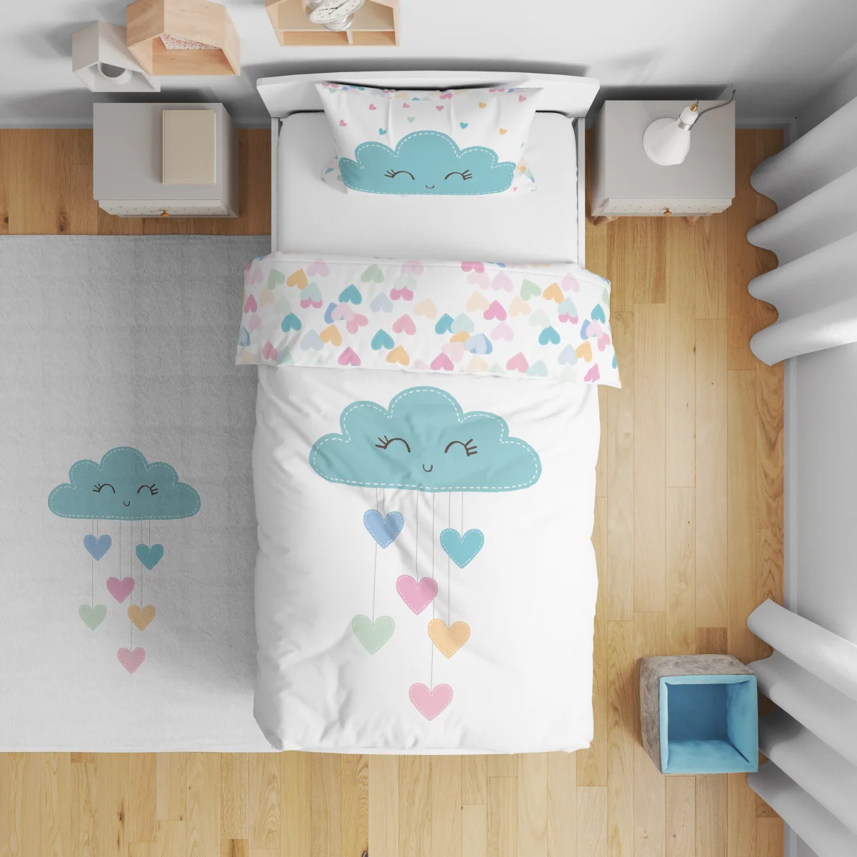 Bulut ve kalpler Çift Taraflı Nevresim | Beyaz Gülümseyen bulut, pastel renkli kalpler Desenli