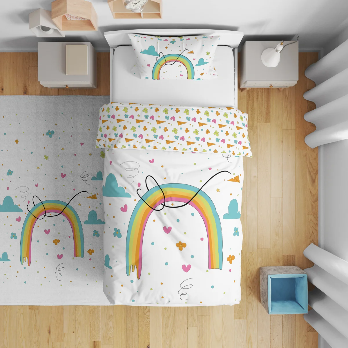 Gökkuşağı Çift Taraflı Nevresim | Beyaz bulut, kalp Desenli