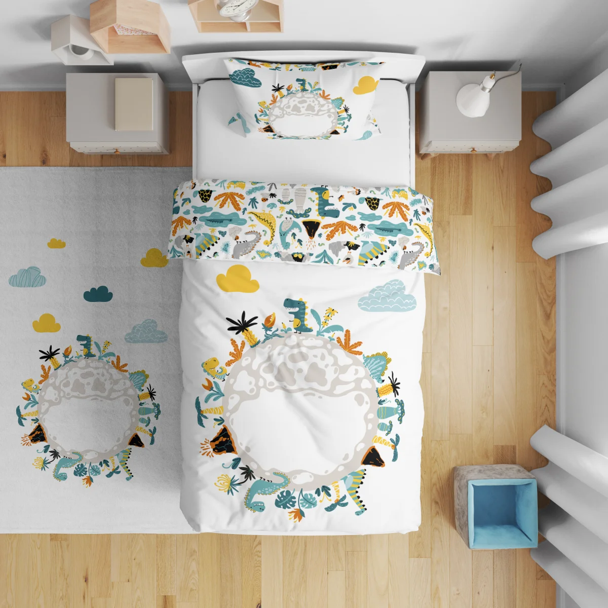 Dinozor Dünyası Çift Taraflı Nevresim | Beyaz Bulutlar, volkanlar Desenli